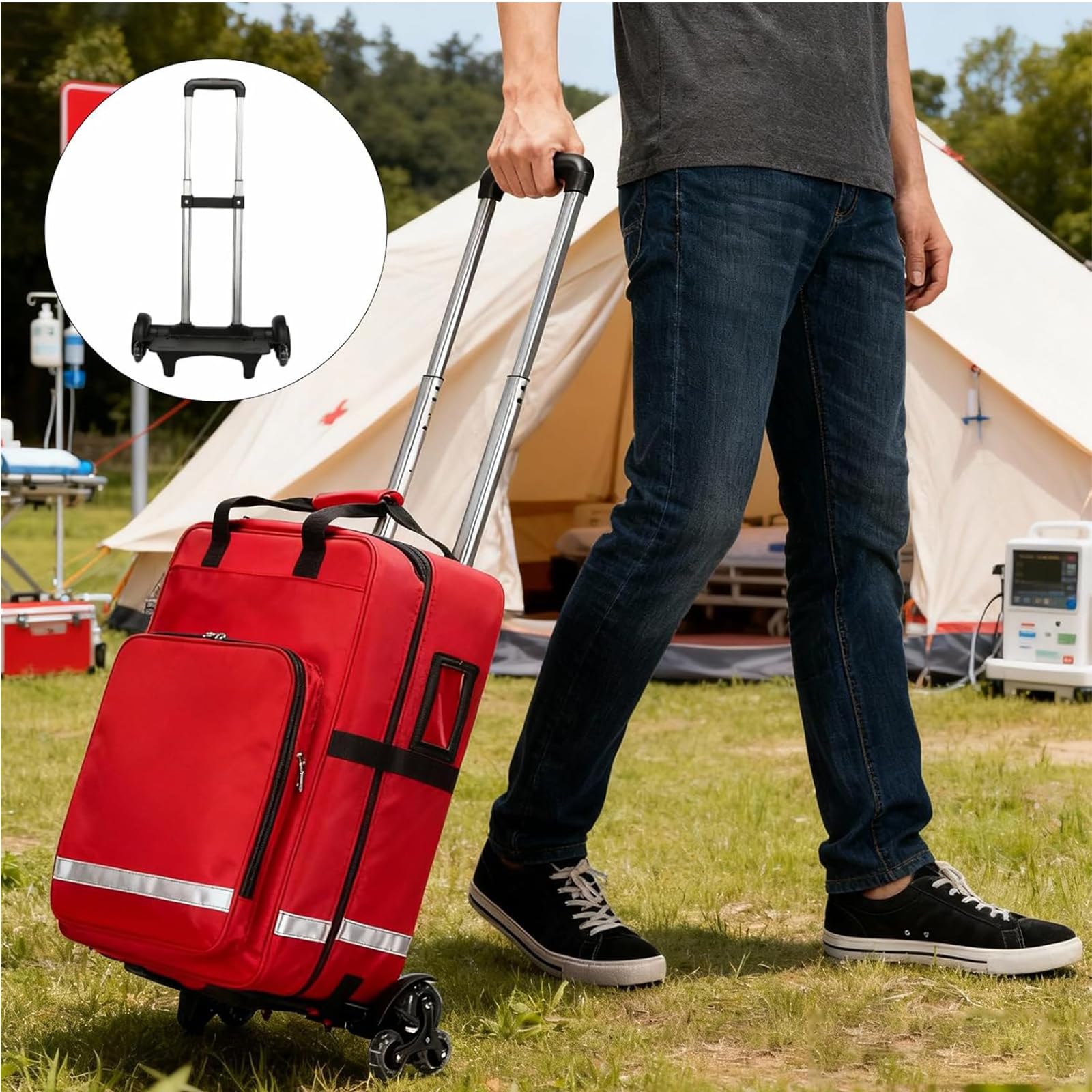 Mochila médica de gran capacidad con asa desmontable y ruedas para primeros auxilios de emergencia y respuesta al trauma