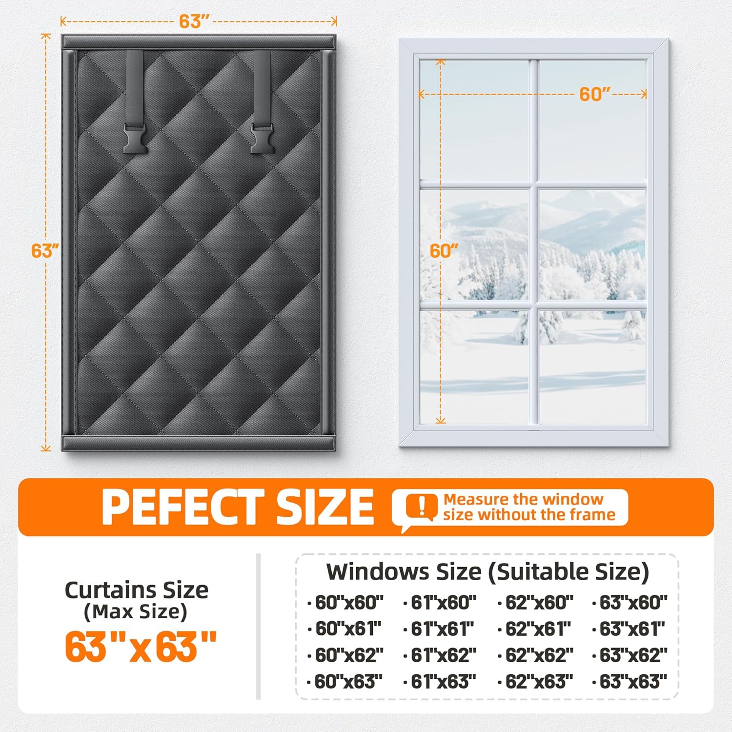 Window Insulation Kit for Winter 63x63 Cold Weather Thermal Curtain with Heavy Cotton, Insulated Window Cover for Winter & Windows Draft Blocker for Winterizing Windows in Home RV Basement–Black