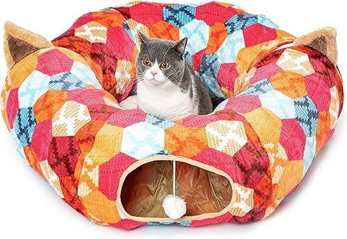 Vista 21 de AUOON Cama de túnel para gatos con alfombrilla central, juguetes de tubo grande, material de felpa suave, forma de luna llena para gatitos, gatos