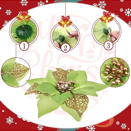 Miniatura 3 de Boao 24 flores de Pascua artificiales con purpurina para Navidad, bodas, árbol de Navidad, Año Nuevo (verde)