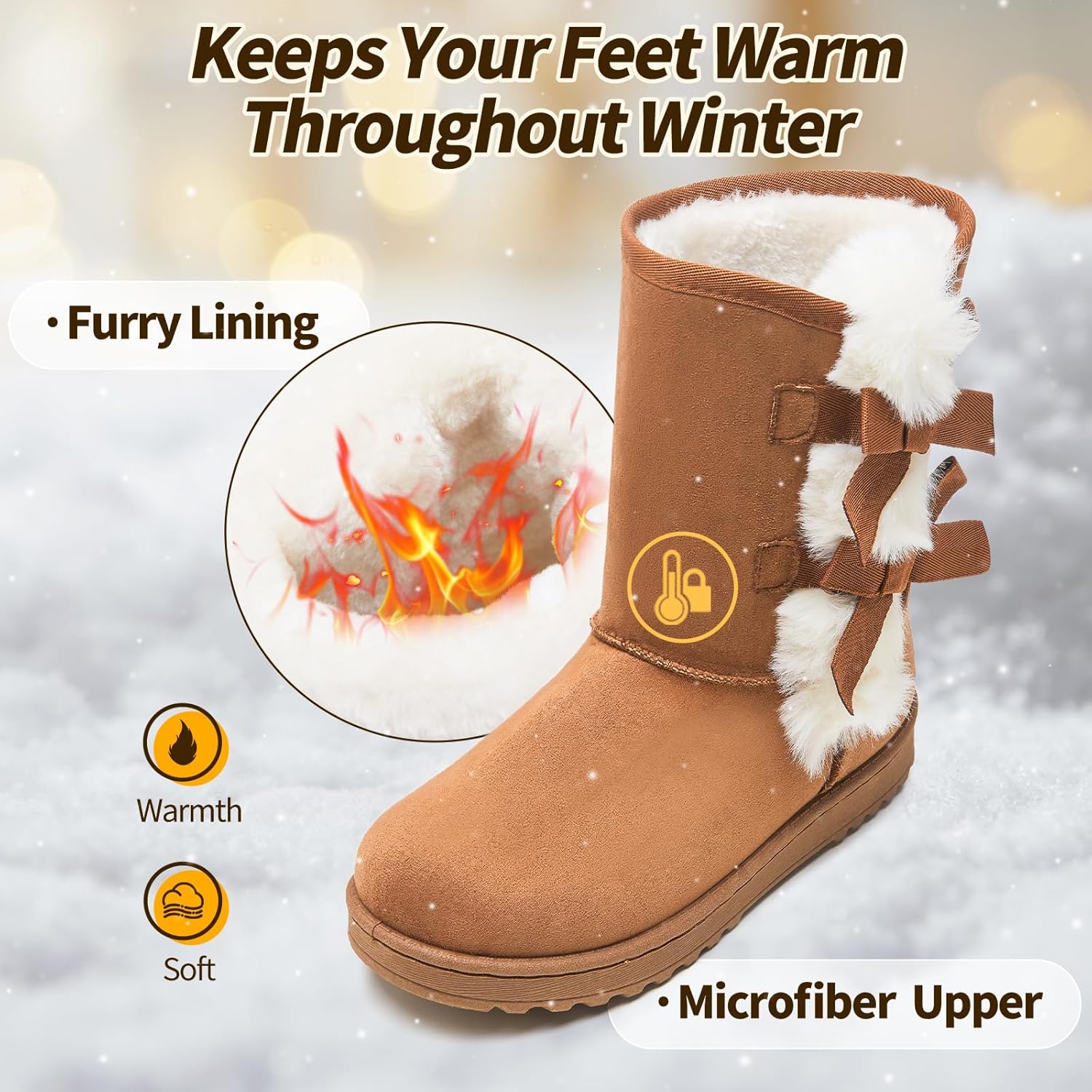 Eydram Women Winter Boots Fur Lined Fashion Mid Calf Boots for Women Warm Fuzzy Boots Comfortable Black Womens Snow Boots with Bowknot - Image 4