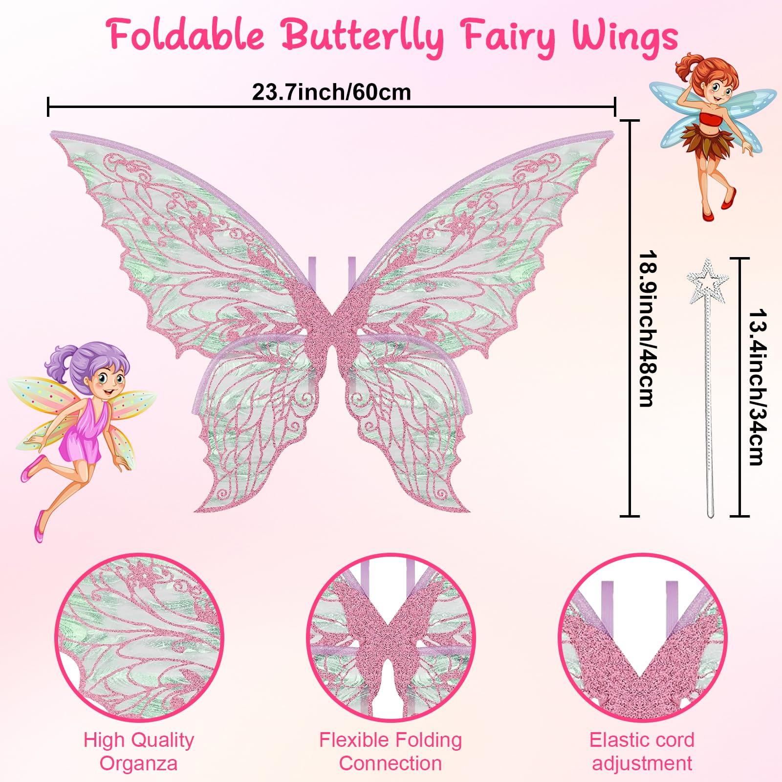 Costume Ali da Fata con Ali da Farfalla, Orecchie da Elfo, Corona di Fiori & Bacchetta Magica – Ali da Fata Bambini & Adulti, Ideale per Halloween, Carnevale, Cosplay & Compleanni