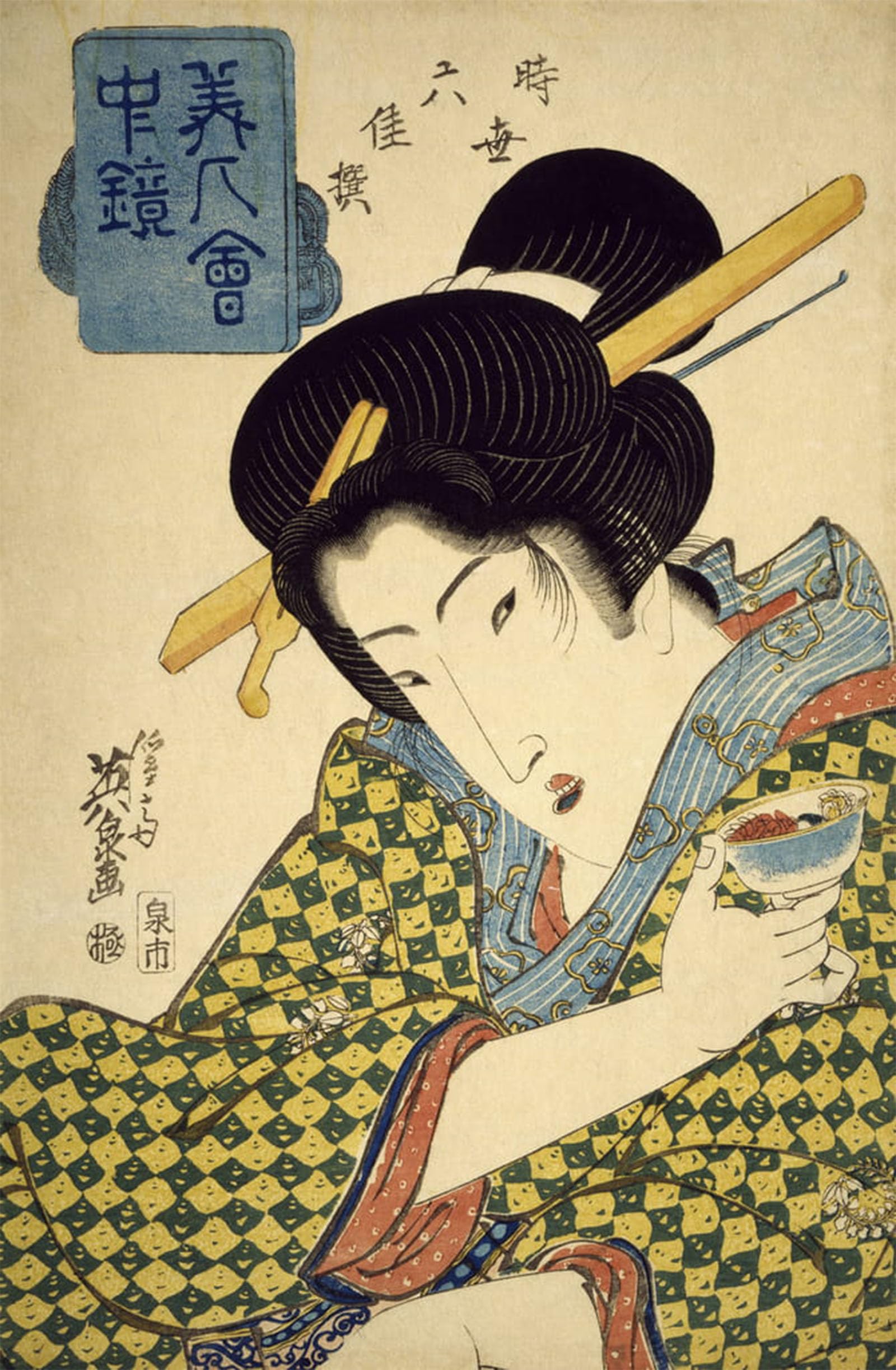 RZHRHJES Retro Picture Portrait Oil Painting Modern Wall Artwork Half-length Portrait of Young Woman with Cup in Her Hand by Keisai Eisen Canvas Poster for Home Decor 60x90cm