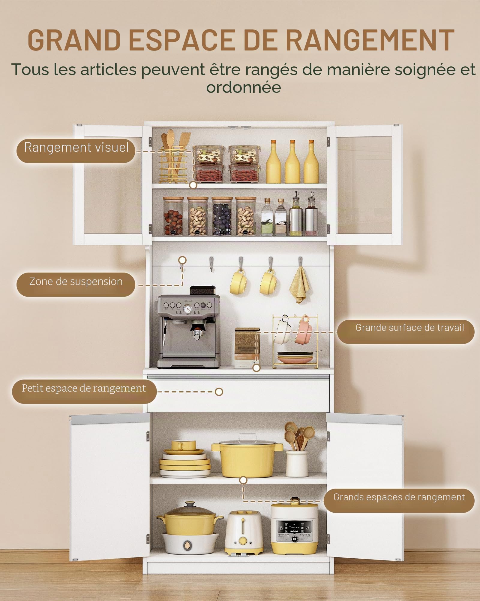 Hzuaneri Meuble Cuisine, Buffet Haut, Meuble de Rangement avec Plan de Travail et 4 Compartiments de Rangement, Cuisine, Salon, 40 x 75 x 180 cm, Blanc Naturel, PT40003XV1