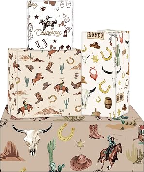 CRASHOT Western Cowboy Wrapping Paper - 12 Sheet Wild West Rodeo Wrapping Paper, Horse Cactus Style Gifts Wrap Paper for Christmas Party Birthday Holiday Baby Shower Not Roll, 19.7 x 27.6 Inch