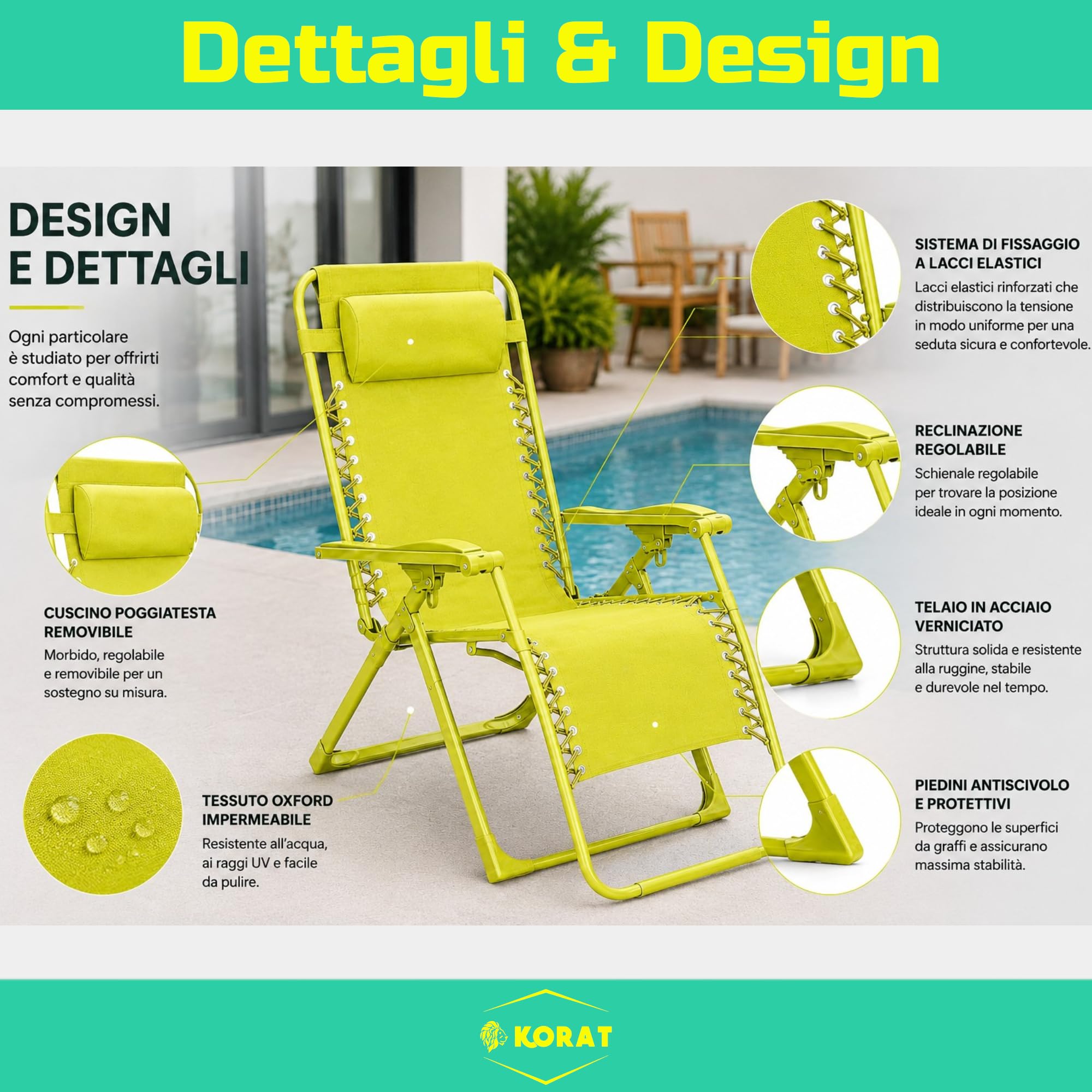 KORAT - Set 4 Sedie Sdraio Pieghevole Reclinabile Zero Gravity da Giardino e Spiaggia, con Poggiatesta e Braccioli, Struttura in Acciaio, Tessuto Oxford Impermeabile, 110x65x90 cm - Giallo Lime