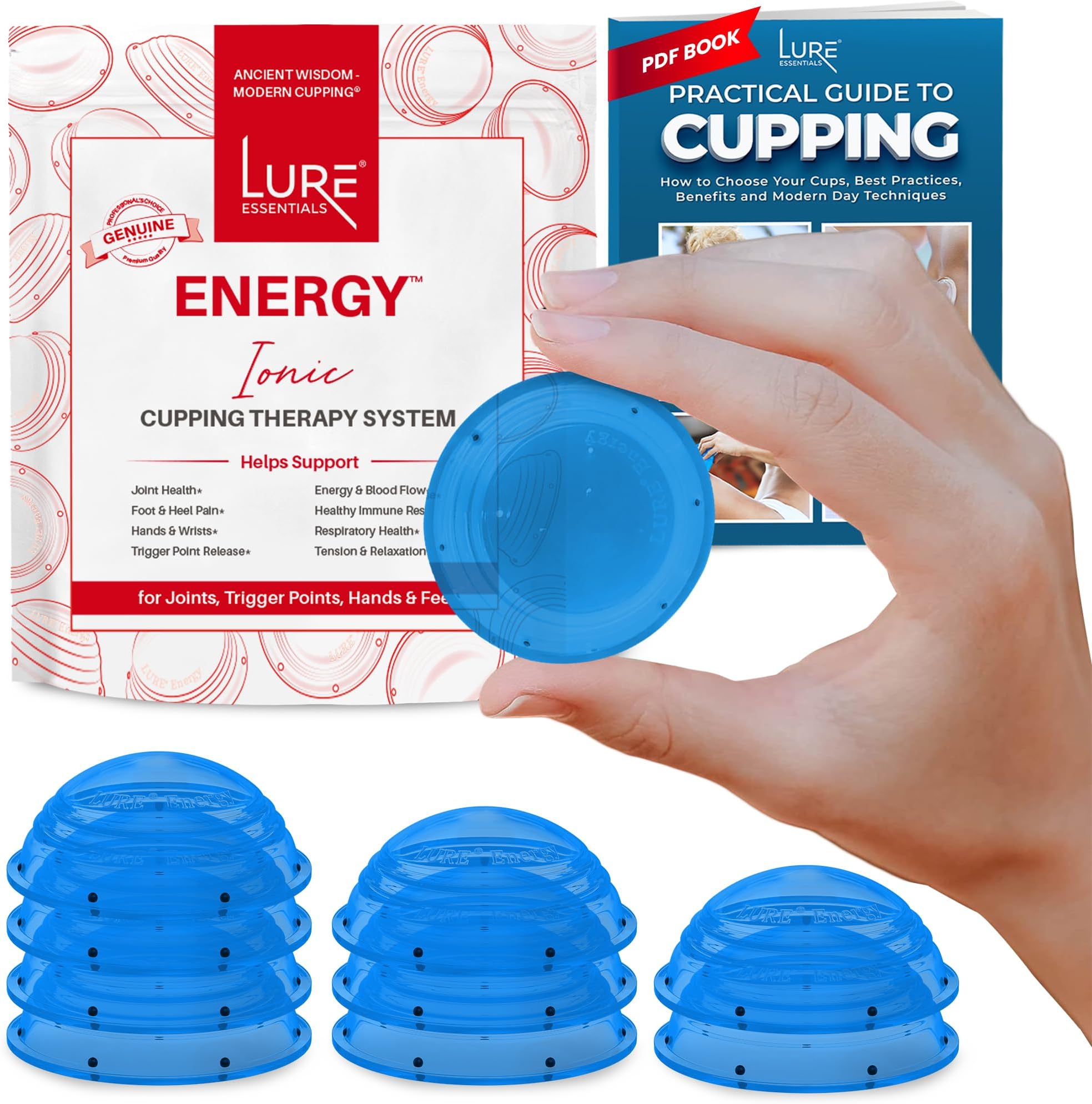 Lure Essentials Ionic Energy Cupping Therapy Set for Joint Pain Relief, Trigger Points, Plantar Fasciitis and Foot Pain with How to Guide and Access to Video Tutorials