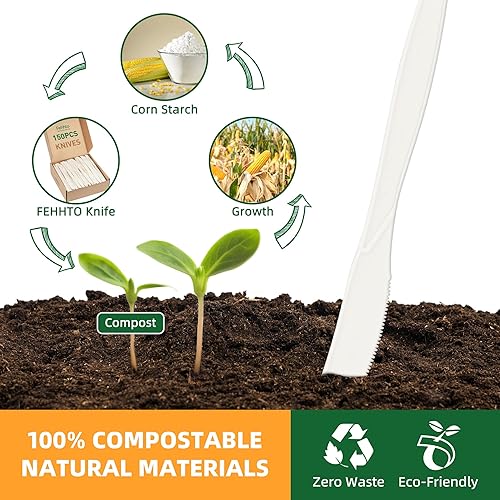 Miniatura 3 de FEHHTO Cuchillos 100% compostables, 7.7 pulgadas, 150 piezas de cubiertos desechables grandes de almidón de maíz resistentes y ecológicos,