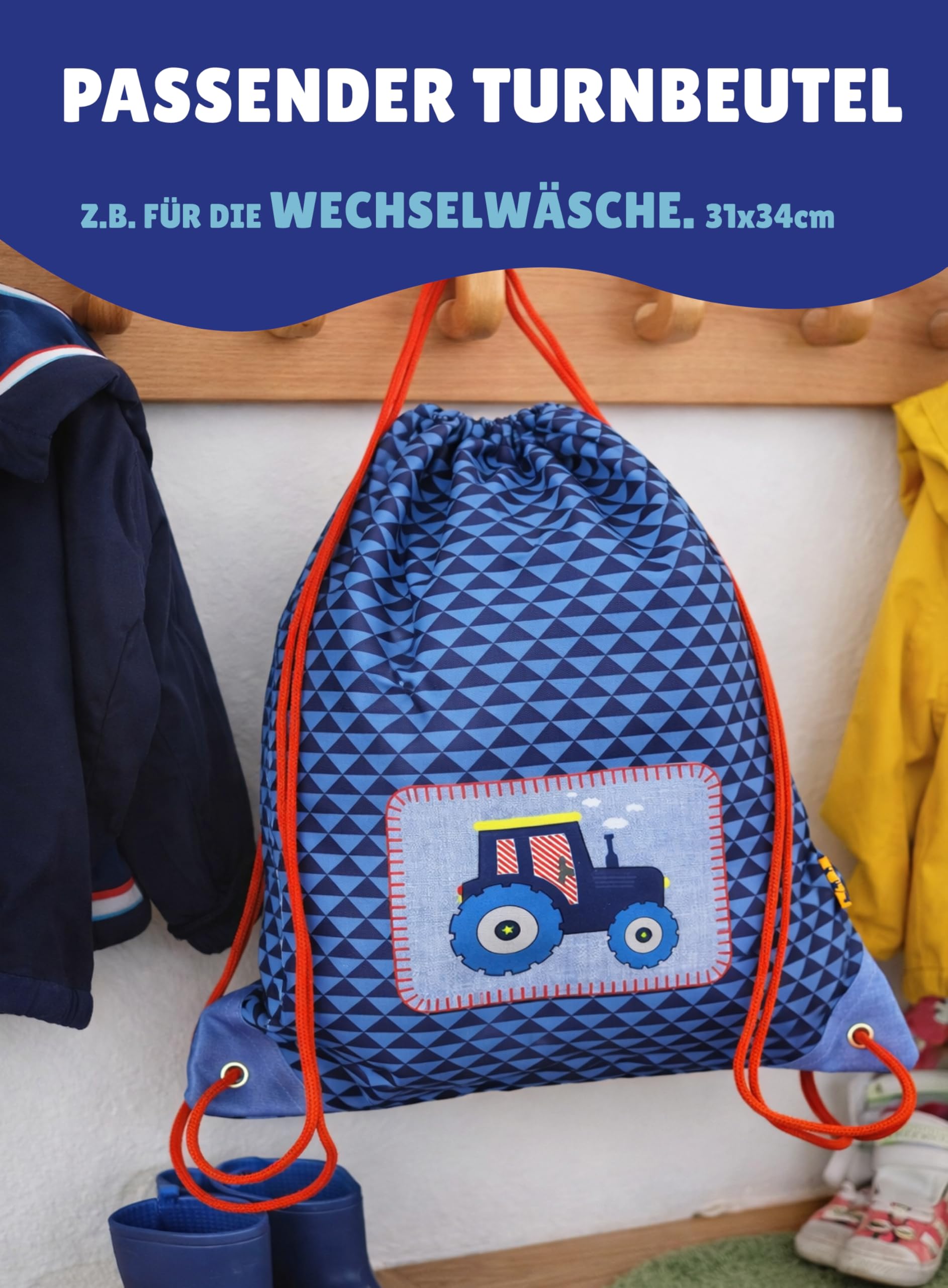 Familando Spiegelburg Kindergarten Rucksack Set 4tlg. mit Turnbeutel, Brotdose und Trinkflasche Traktor Bulldog für Jungen und Mädchen