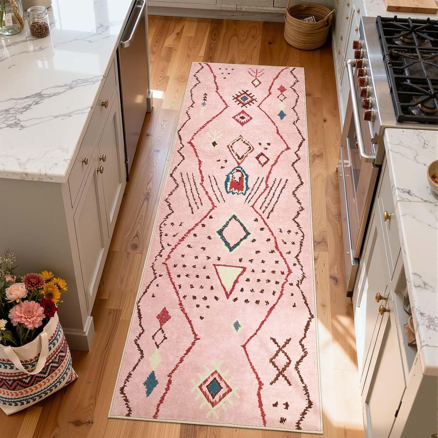 jinchan 2x6 Runner Rug Pink Washable Modern Boho Rug Geometric Hot Nerd Floor Cover Soft Low Pile Non Slip Accent Mat Lightweight Cozy Throw Carpet for Kitchen Bathroom Laundry Room Study Dorm