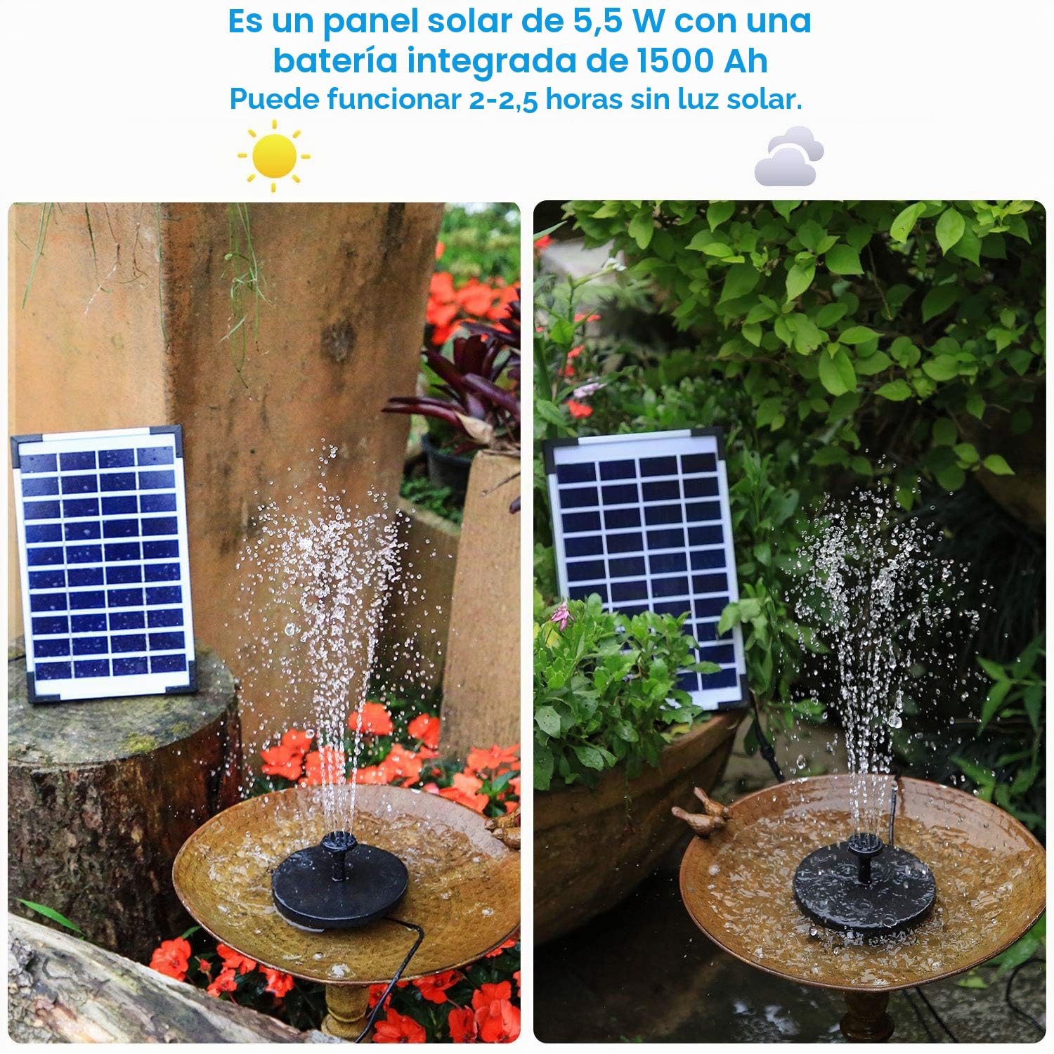 AISITIN Fuente Solar 5,5W Bomba de Fuente Solar Batería Integrada con 6 Boquillas para Baño de Pájaros Estanque Jardín Ciclo del Agua（5,5W）