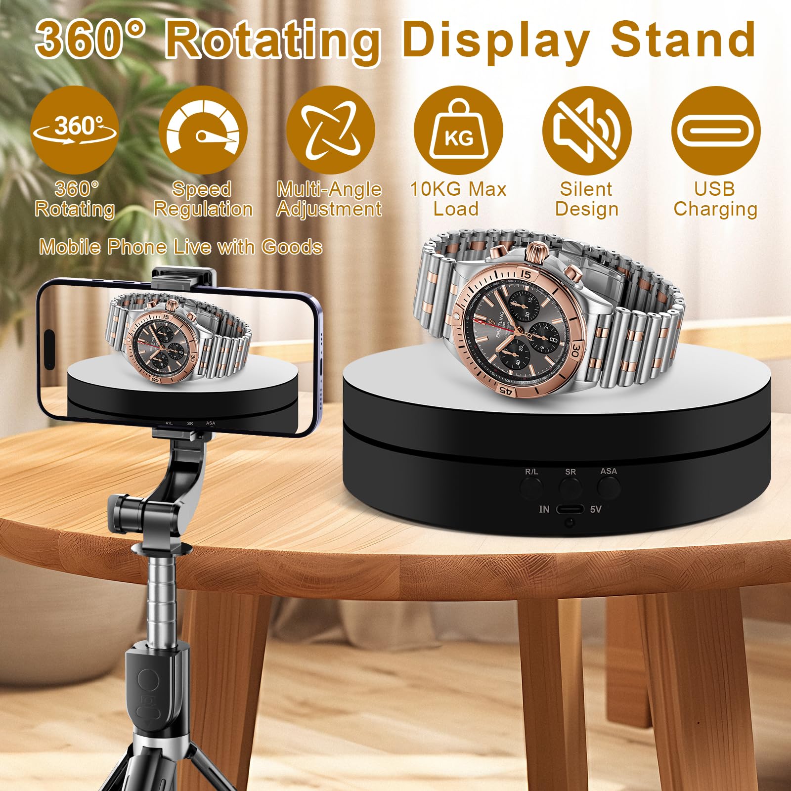 Piattaforma Girevole Elettrica 360°,Piattaforma Rotante Automatica USB per Gioielli,Orologi,Prodotti Digitali,Velocità Regolabile Espositore Girevole Elettrico con 2 Pannelli di Sfondo (Nero)