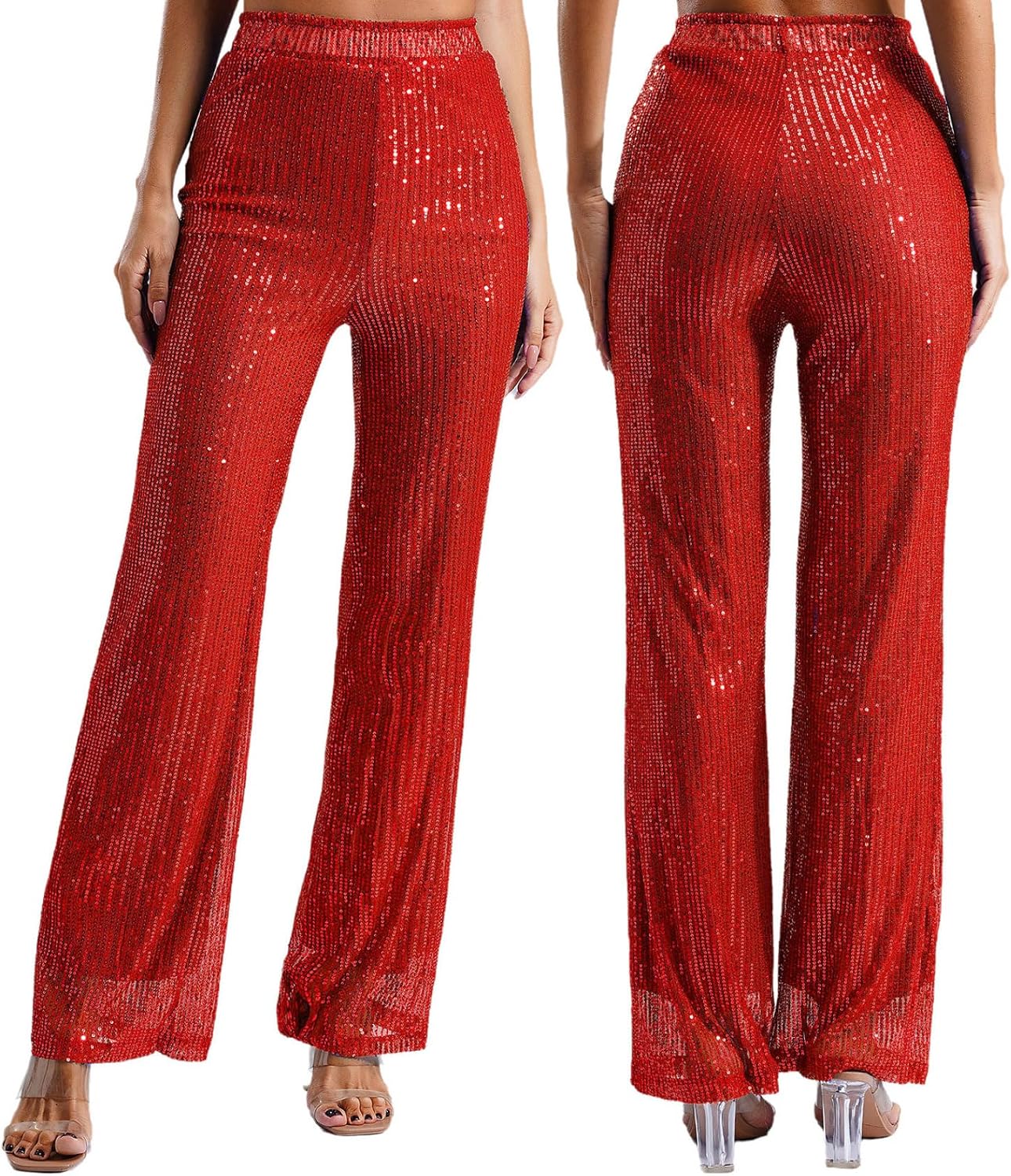 Jugaoge Womens Wide Leg Sparkle Sequin Pants Elastic High Waisted Bling Glitter Dance Pants Trousers