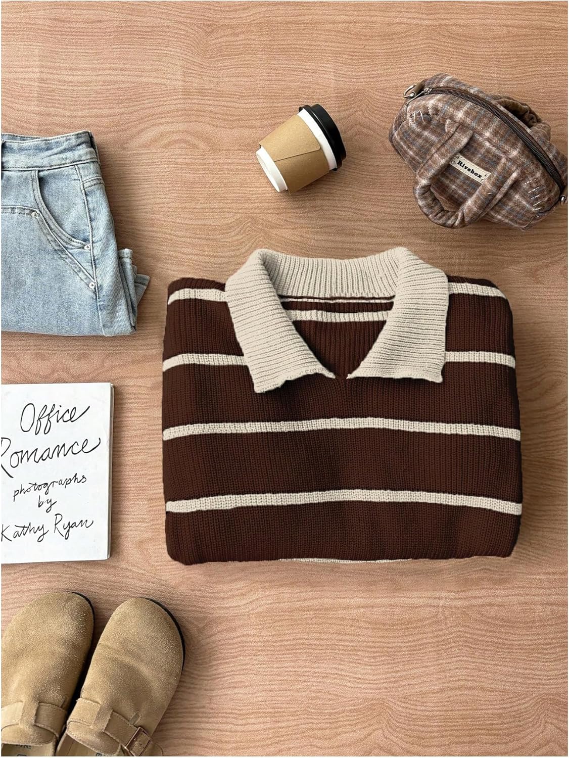 Floerns Women's Collared Striped Sweaters Preppy Oversized Knit Fall Pullover Sweater