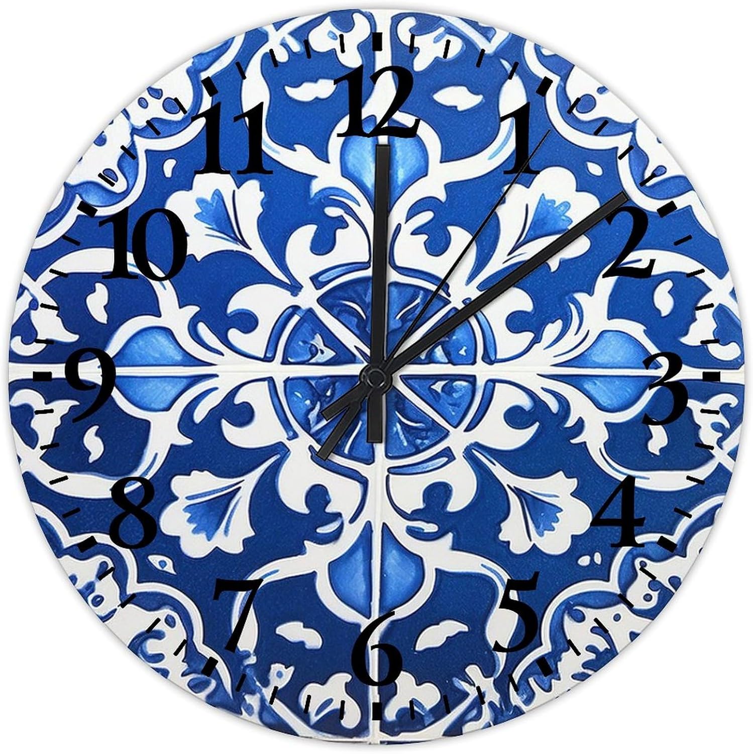 Wood Hanging Wall Clock Non-Ticking Quartz Battery Operated Blue And White Porcelain Floral Country Wall Clocks Russian Folk Cultural Accent Wooden Wall Decor for New Home Garage Indoor 12 inch
