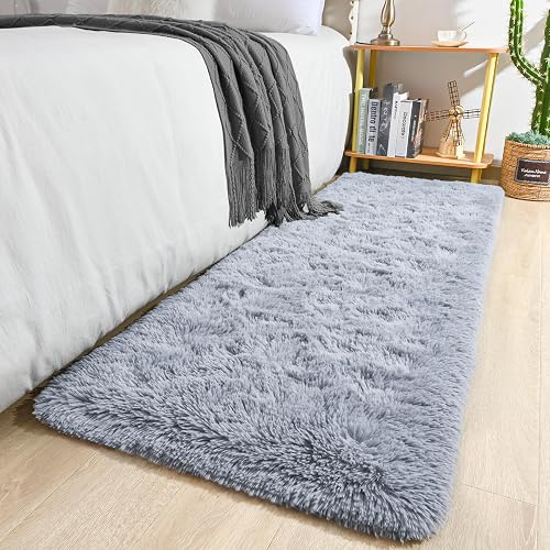 Keeko Small Bedroom Runner Rug 2x6, Grey Fluffy Bedside Rugs for Kids Room Living Room Shag Entryway Throw Rug Fuzzy Indoor Area Carpet Cute Rugs for Boy Baby Girl Room Nursery Dorm Decor