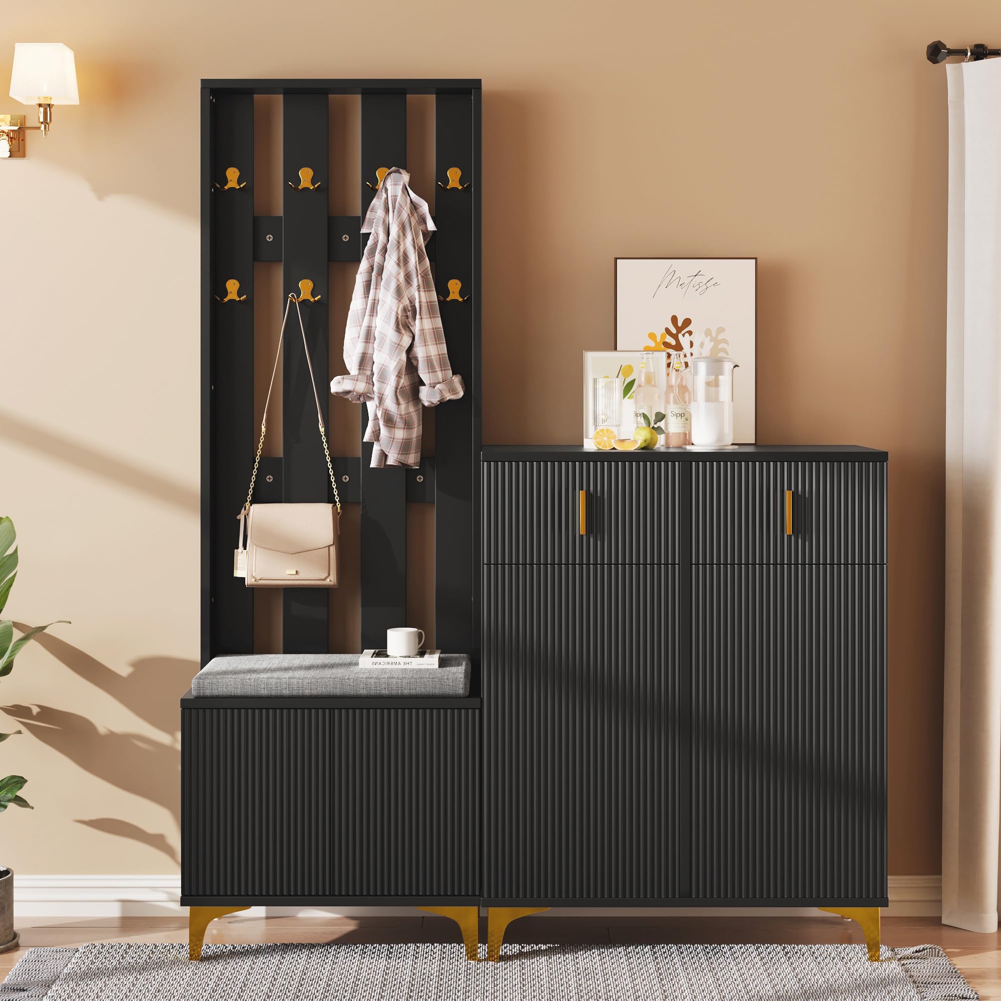 sogesfurniture Set di Guardaroba, Guardaroba per Corridoio con 8 Ganci per Abiti, Scarpiera con Cuscino, Grande Armadio con 2 Cassetti e Ante, per Corridoio e Ingresso (Nero)