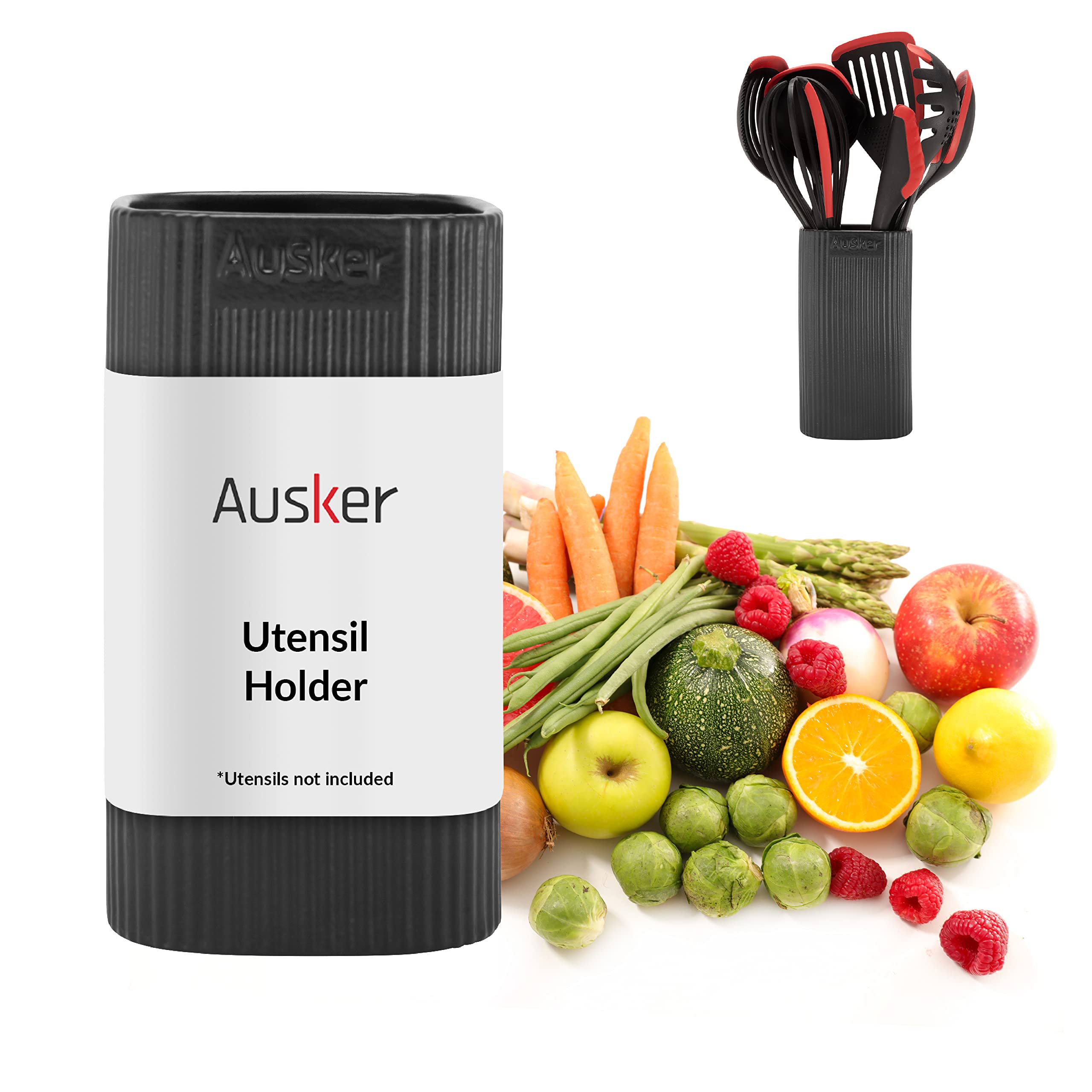 Ausker - Kitchen Utensil Holder, Quality Ceramic, Holds Silicone Kitchen Utensils Set, Modern, Convenient, Stain Resistant, Easy to Clean (Anthracite Gray)