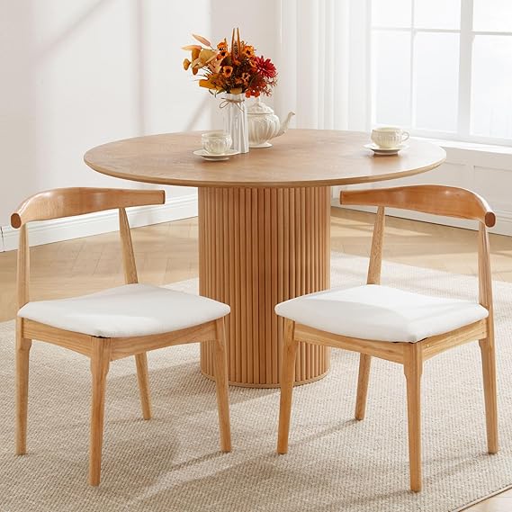 Wood Dining Chairs Set of 2, Linen Fabric Dining Chairs with Open Curved Back, Mid Century Modern Dining Room Chairs Farmhouse Kitchen Chairs for Dining Room Restaurant -Natural Wood Finish, Beige