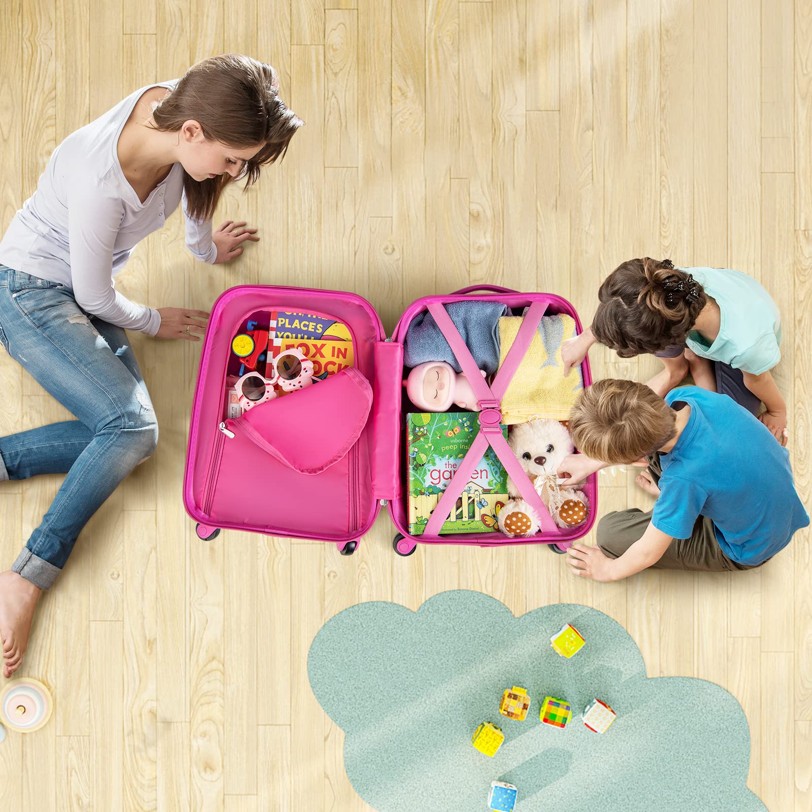 GOPLUS Maleta Infantil, Equipaje de Viaje con Mochila, Equipaje Infantil, Juego de Mochila y Maleta, Gran Capacidad y Ruedas, 16 '' Maleta + 12 '' Mochila