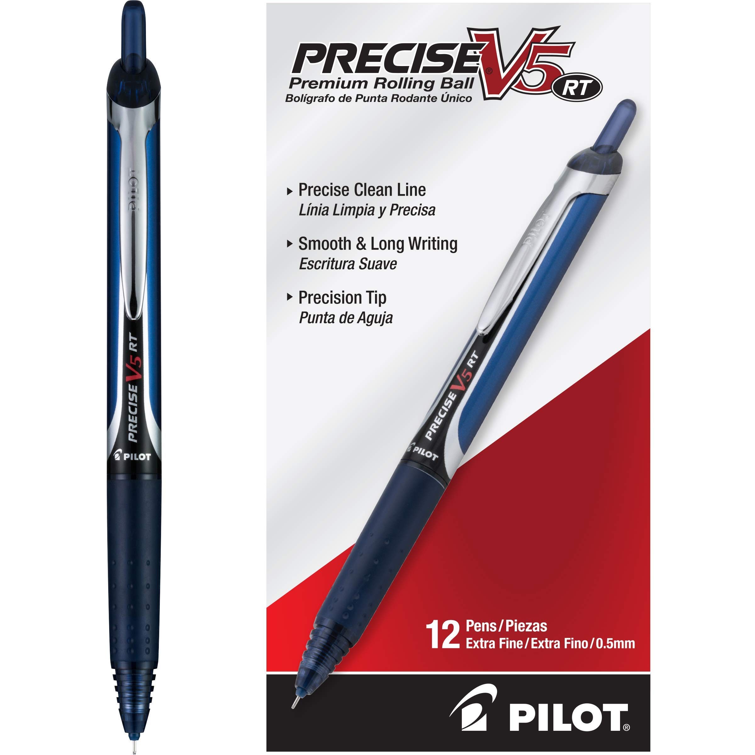 Pilot, Precise V5 RT Refillable & Retractable Rolling Ball Pens, Extra Fine Point 0.5 mm, Navy Blue, Pack of 12