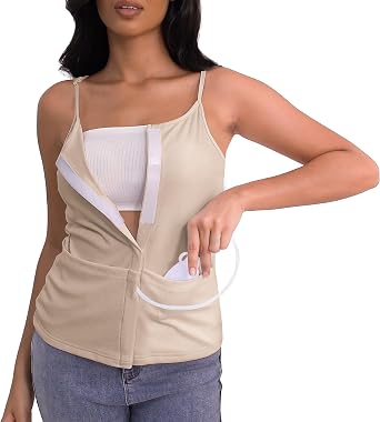 Post Mastectomy Shirts with Drain Pockets Breast Surgery Mastectomy Camisole Top with Hook and Loop Closure