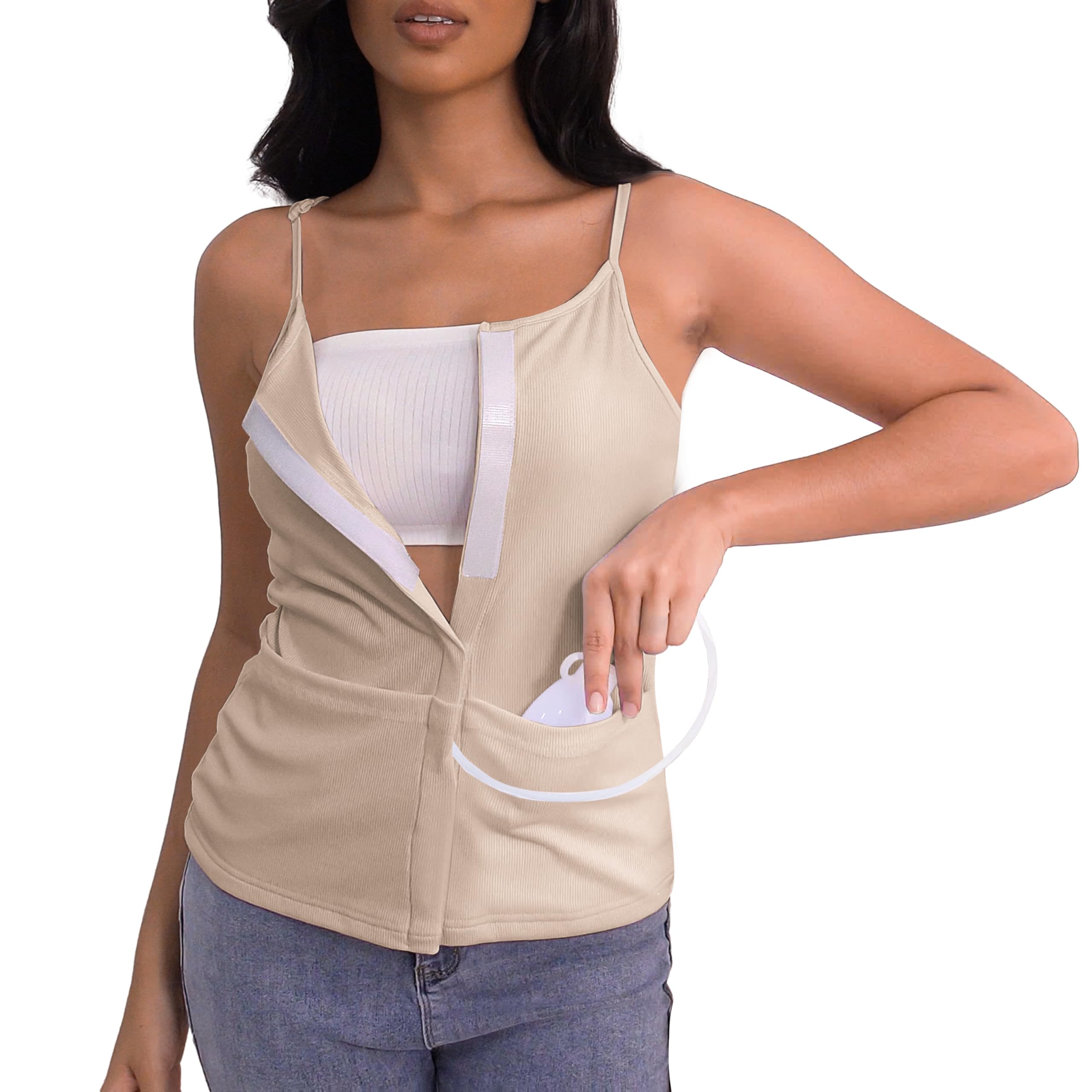 Post Mastectomy Shirts with Drain Pockets Breast Surgery Mastectomy Camisole Top with Hook and Loop Closure
