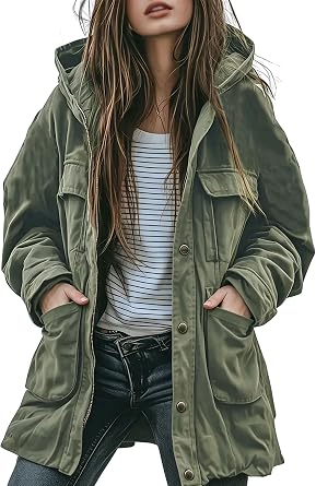 chouyatou Womens 2026 Spring Hooded Cotton Safari Jacket Zip Up Trench Coat Windproof Military Anorak Outerwear