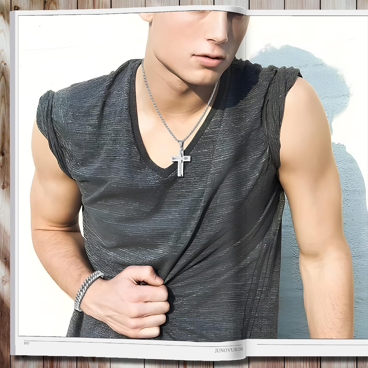 JUNOVUROS Large and Small Men's Cross Necklace Set with 5 Rolo Chains and 1 Cuban Bracelet, Jesus Christ Cross Religious Jewelry Gift, Silver/Gold/Black - Image 5