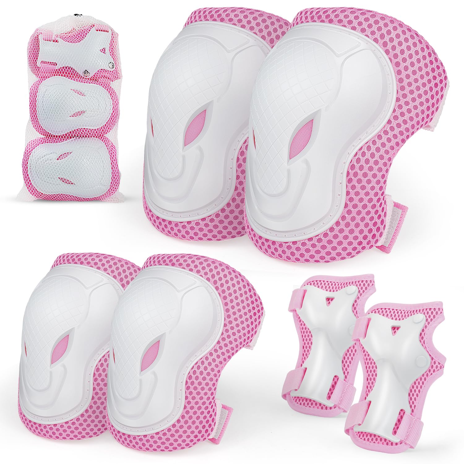 Kids Knee And Elbow Pads,6 in 1 Adjustable Kids Sports Protective Gear Set With Mesh Bag for Skateboard, Roller Skating, Biking, And Outdoor Multi-Sports (Pink, M)