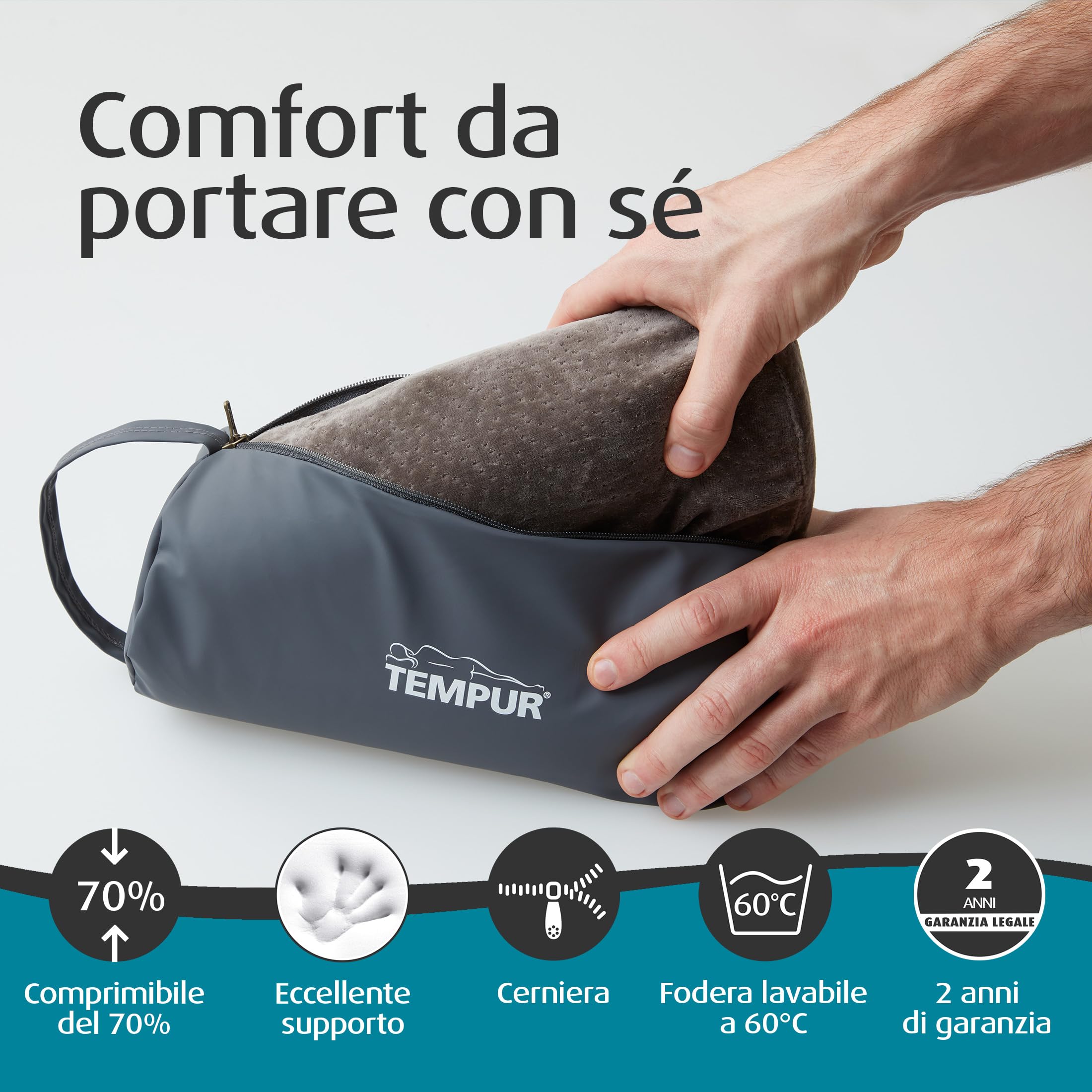TEMPUR cuscino adattabile per viaggiare, cuscino da viaggio ergonomico per il collo con custodia per il trasporto, antracite, dimensioni 25 x 31 x 10/7 cm