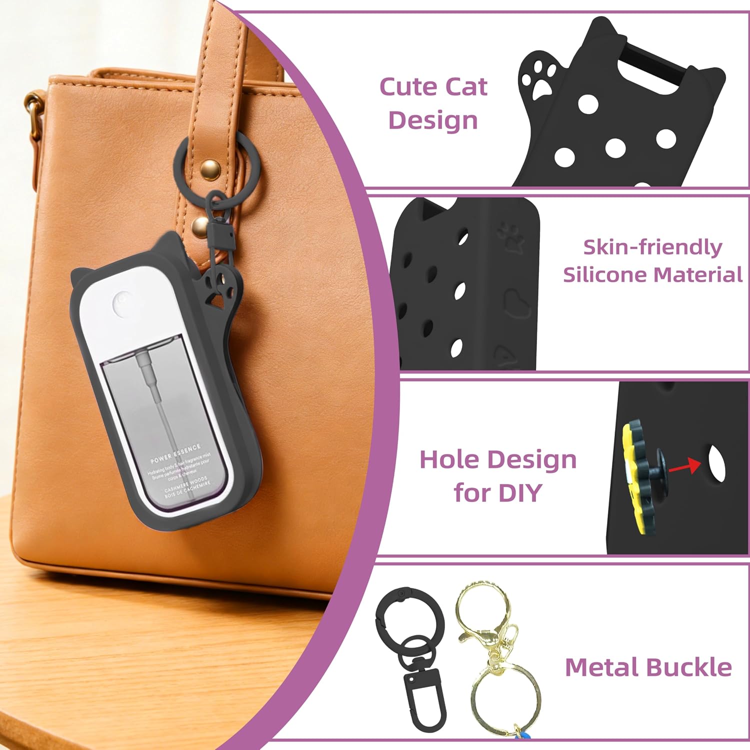 Mlife Body & Hair Fragrance Mist Case for Touchland, Silicone Case Compatible only with 2 FL OZ Body Spray Touchland Case with Keychain &10 Charms (Black)