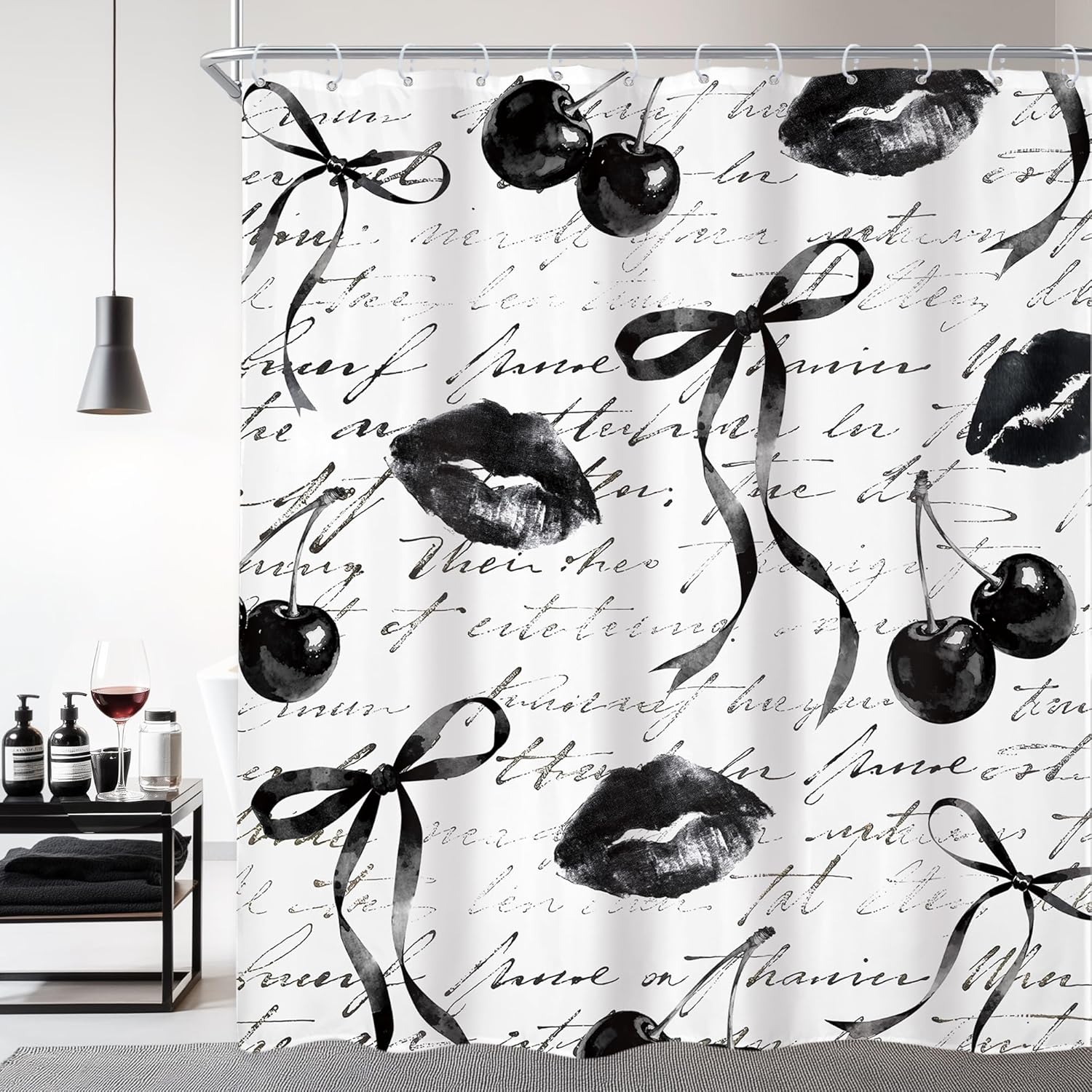 Newsely Black Vintage Bow Lips Shower Curtain 72Wx78L Inch Long Cherry Quotes Modern Girly Fashion Pretty Coquette Bathroom Set Aesthetic Women Girls Waterproof Bath Decoration Accessories Home Decor