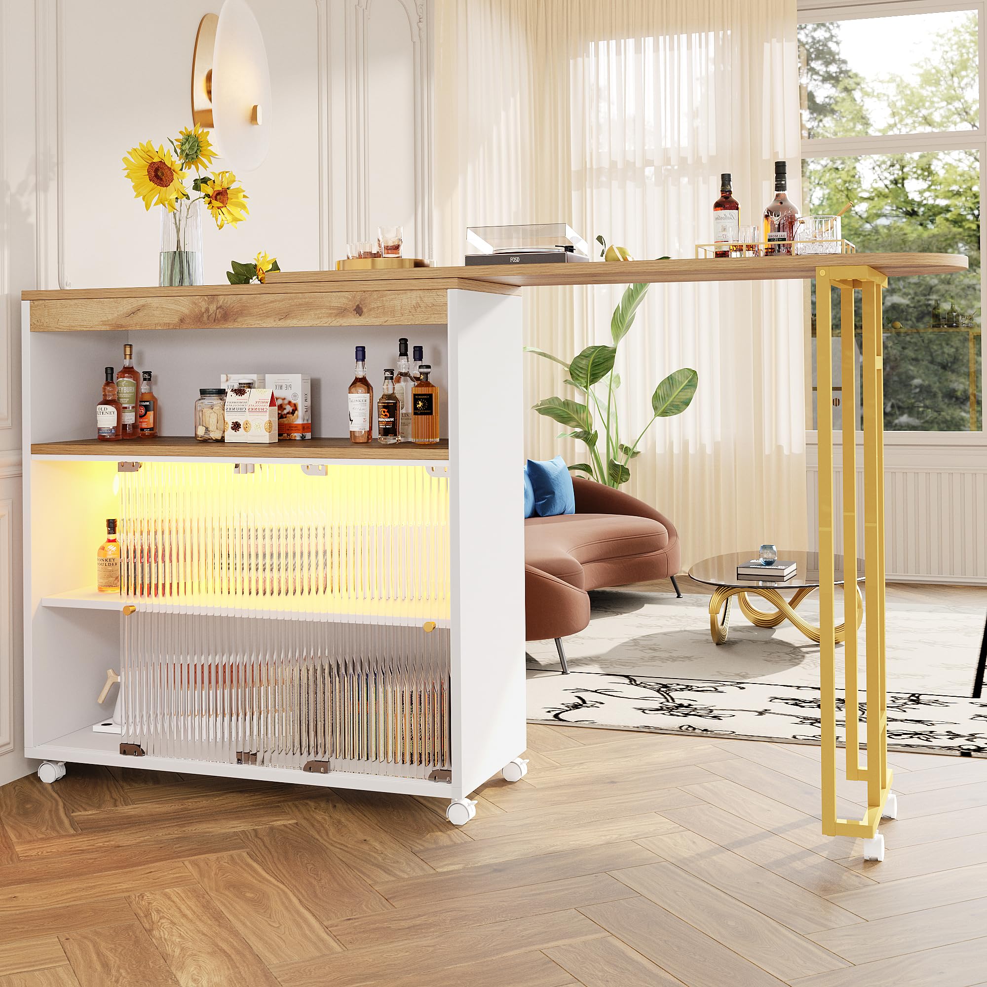 Racxily Barra extensible con espacio de almacenamiento, barra extensible moderna con LED, mesa de bar, isla de cocina, color blanco (138-204 x 39 x 105 cm)