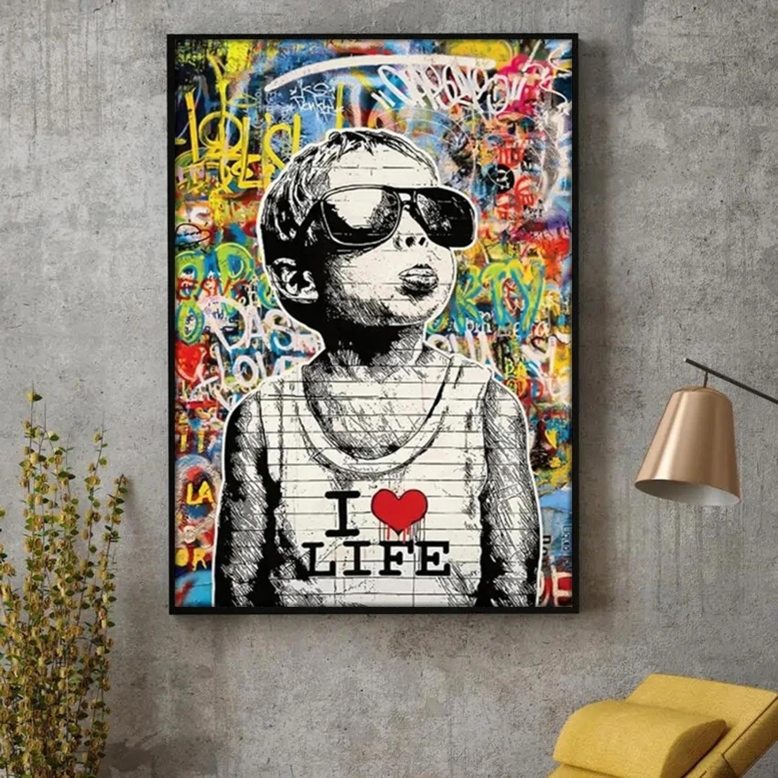 JACBON Banksy Graffiti Art I Love Life Little Boy Poster and Print Wall Canvas Paintings Street Pop Art for Bedroom Living Decor 40x70cm Frameless