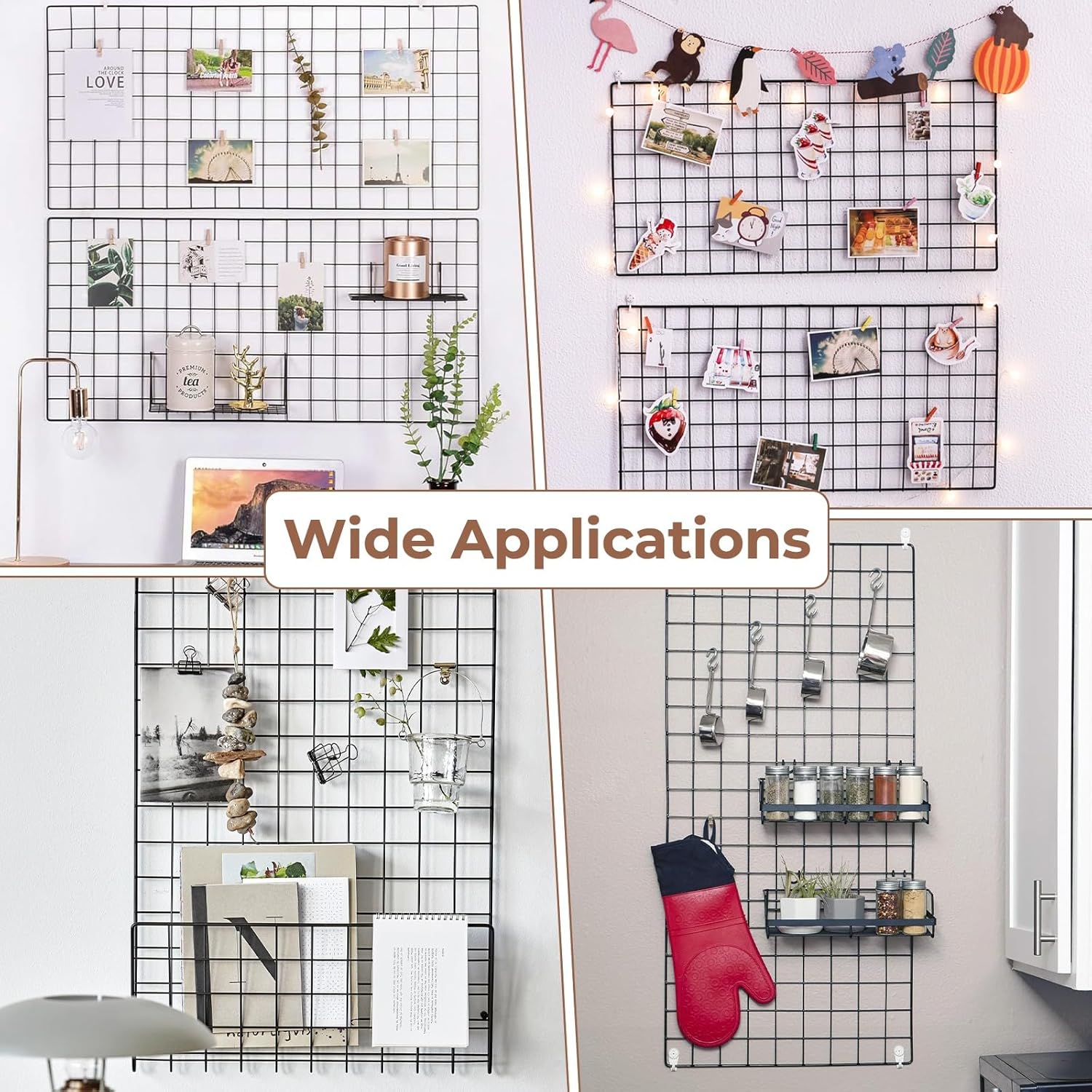 Wire Wall Grid Panel with Wall Grid Shelf with Photo Frames for Photo Display, Metal Mesh Message Board Memo Boards, Heavy Duty Gridwall Display Rack for Art Retail Display (Black-B)