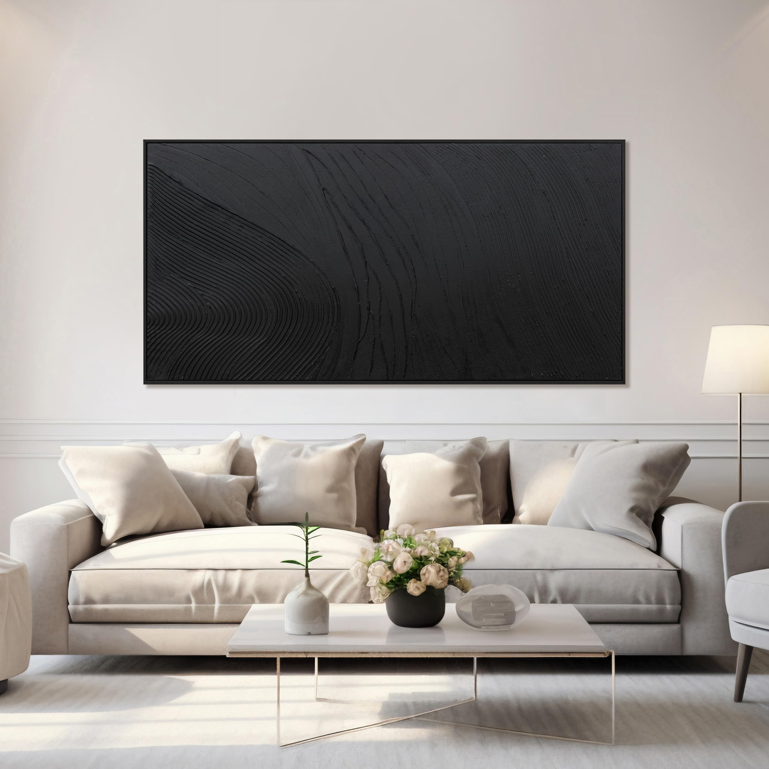 Arte de pared grande y moderno para sala de estar, lienzo abstracto, decoración de pared enmarcada grande, arte de pared negro, arte de pared pintado a mano, textura negra, obra de arte para paredes 2
