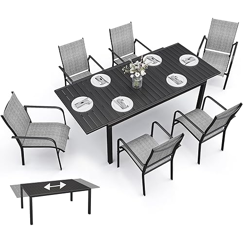 38"-84" Extendable Outdoor Dining Table Set for 4-8 Person, Rectangular Outdoor Furniture Adjustable Table & 6Pcs Textilene Chairs for Porch,Backyard, Garden, Poolside and Deck-7 Piece Grey