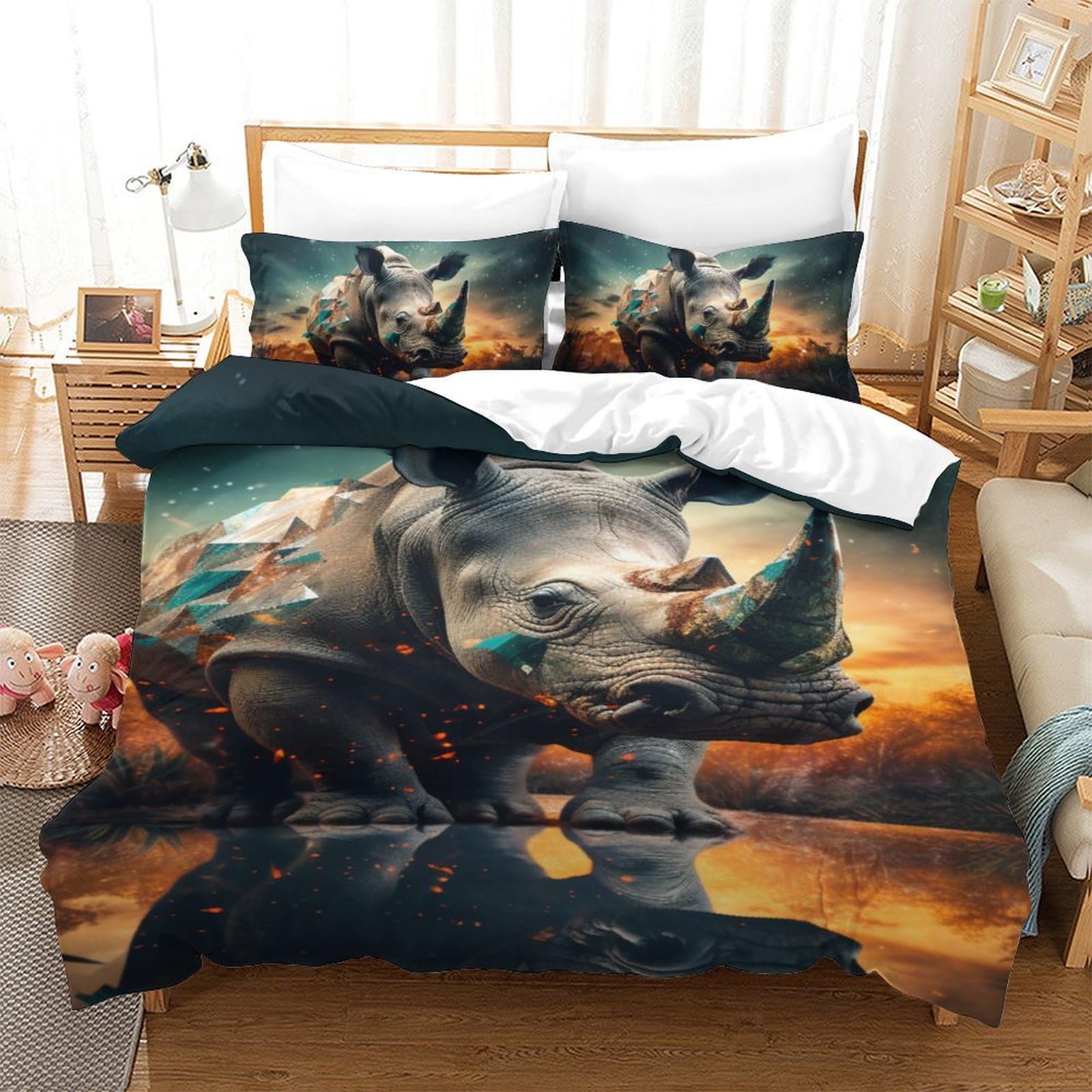 Housse de couette 140x200 rhinocéros 3D parure de lit simple enfant