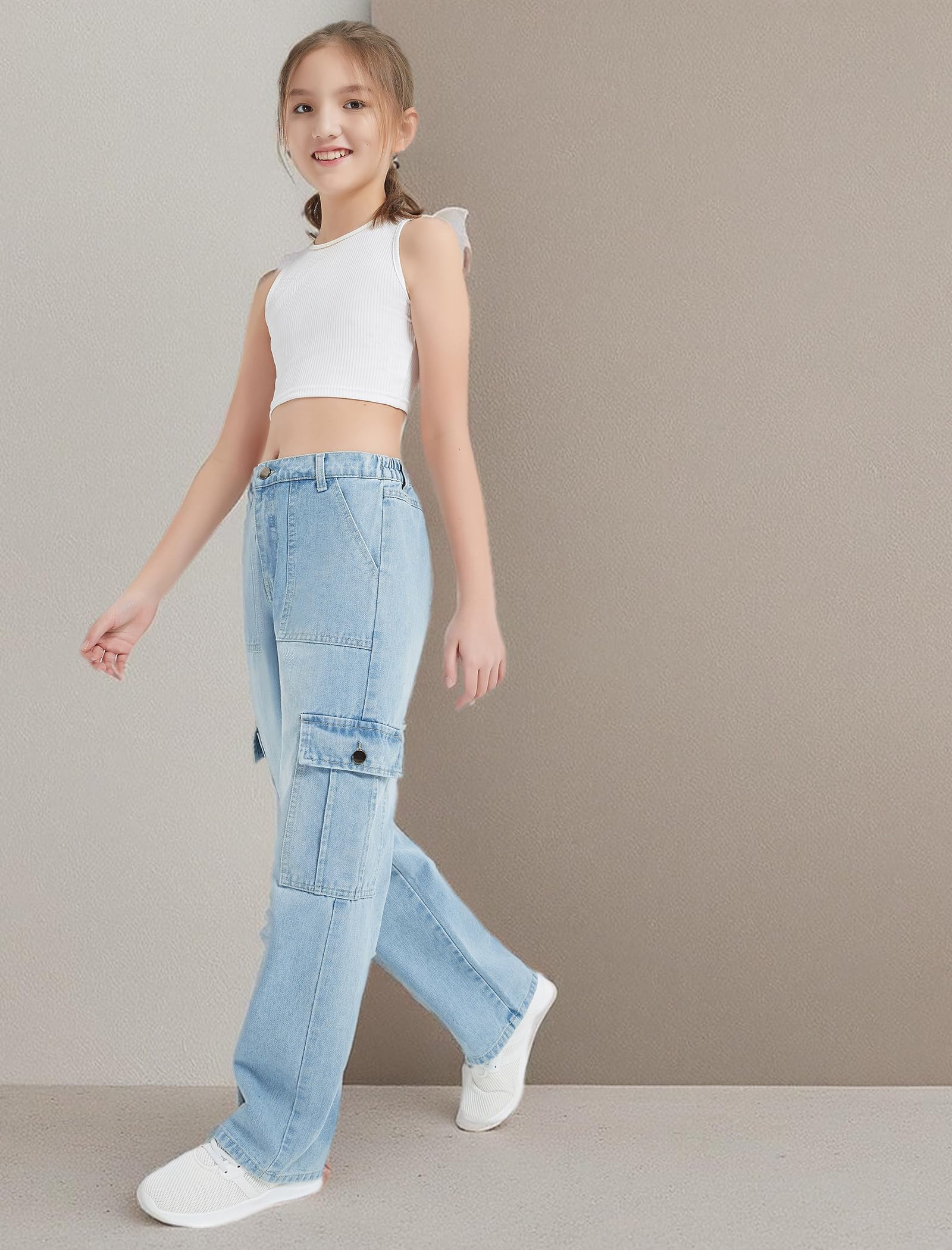 EXARUS Mädchen-Jeans, Cargohose, weites Bein, Denim, gerade, lockere Hose, Tween, hoher elastischer Bund mit Taschen, Jugendliche, 8–14 Jahre