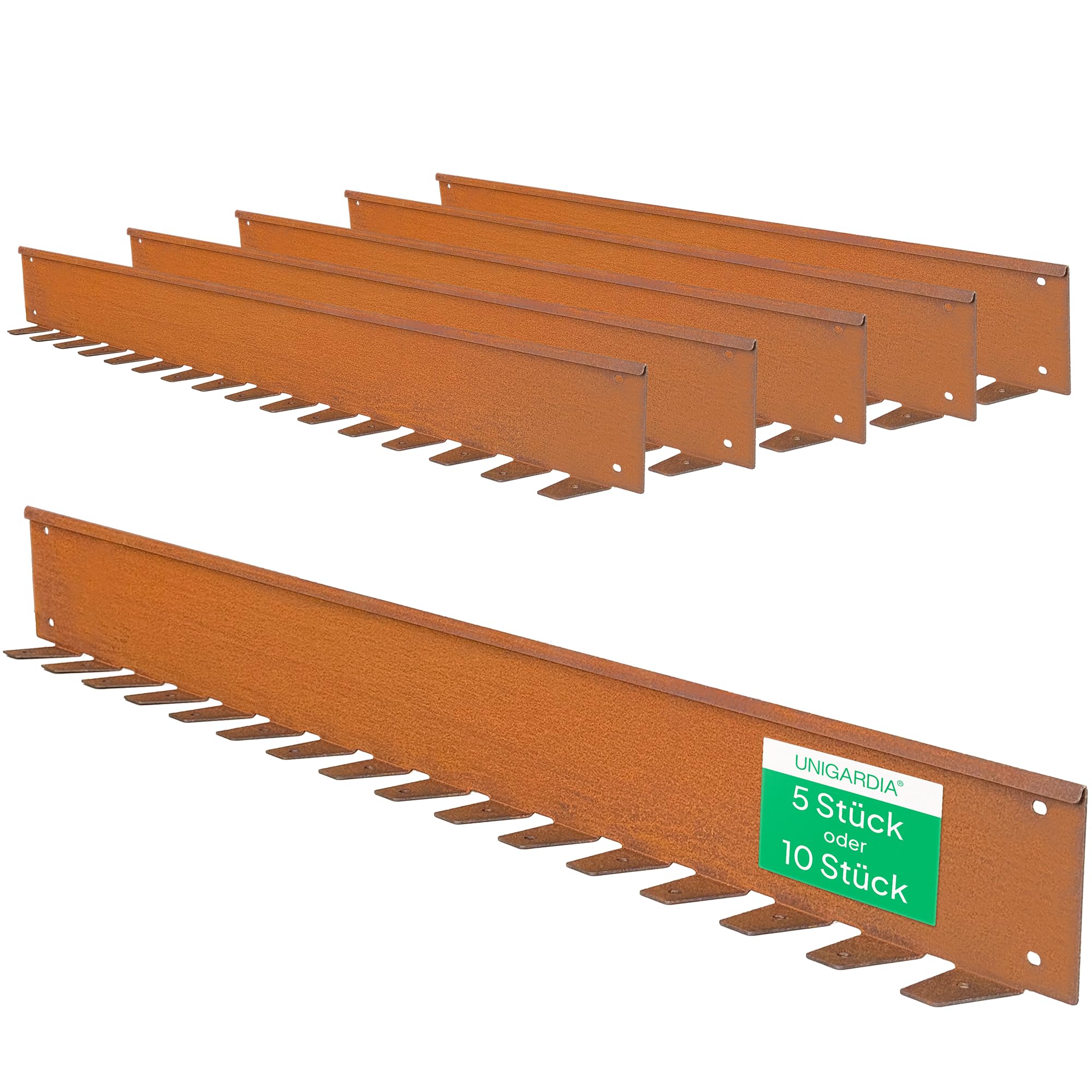 UNIGARDIA Rasenkante aus Cortenstahl 10 m - 5 mm breiter Rand - Flexible Metall Beeteinfassung 10 cm hoch - Einfache Montage, Erdanker inklusive