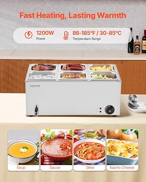 VEVOR 6-Pan Commercial Food Warmer, 24QT Electric Steam Table, 1200W Professional Countertop Stainless Steel Buffet Bain Marie with 86-185F Temp Control for Catering and Restaurants, Silver