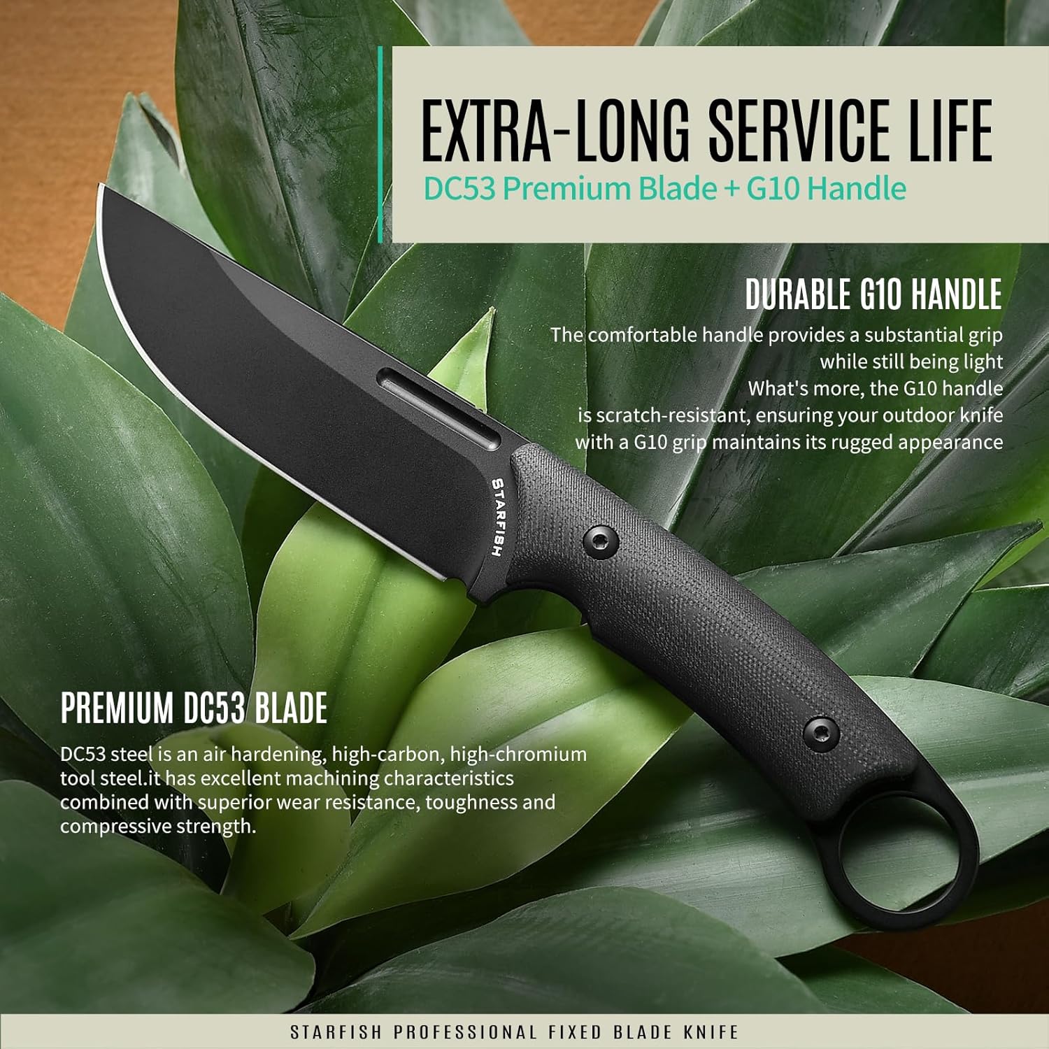 STARFISH 4.0” Full Tang Fixed Blade Knife, DC53 Steel Titanium Coating Blade G10 Handle Bowie Knives with Sheath for Camping, Hiking, Survival