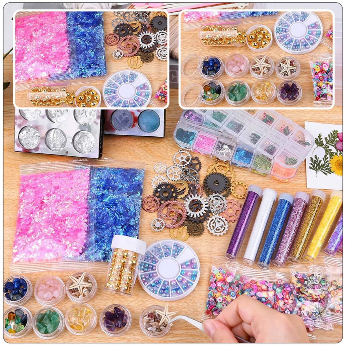 PACKOVE Kit per Resina Cristallo, Accessori per Resina Fai da Te, Plastica Legno Acciaio Inox Pasta Morbida Fiore Secco, per Segnalibri e Cover Telefono, e Amanti del Fai da Te,