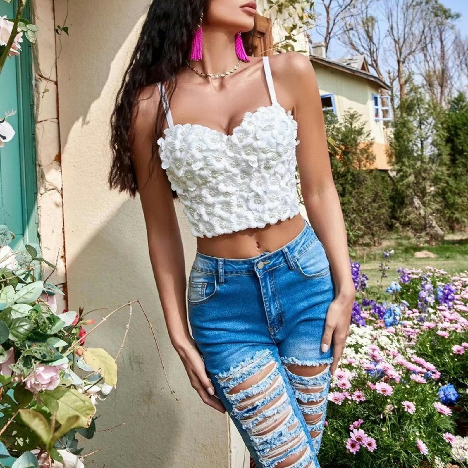 Abbigliamento Esterno Personalizzato con Top Tubolare, Fiore Tridimensionale Fatto a Mano con Perline, Piccolo Reggicalze per l'industria Pesante, da Donna, per Avvolgere Il petto-bianco-36B