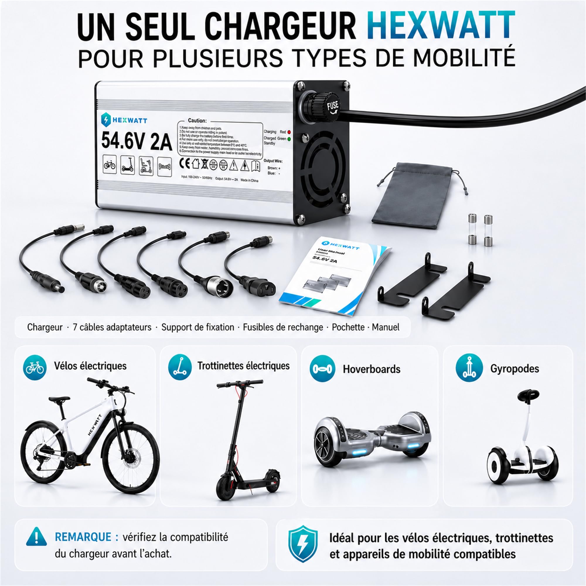 Chargeur de Batterie Lithium-ION Universel pour vélo électrique (eBike), Trottinette électrique et Hoverboard Remplacement avec 7 connecteurs (54.6V2A)