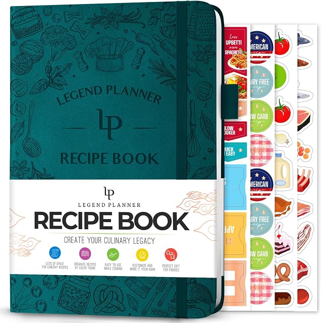 Legend Recipe Book  Blank Family Cookbook to Write In Your Own Recipes  Empty Cooking Journal  Personalized Cooking Notebook, Hardcover, A5-Sized, 58 Recipes In Total - Dark Teal