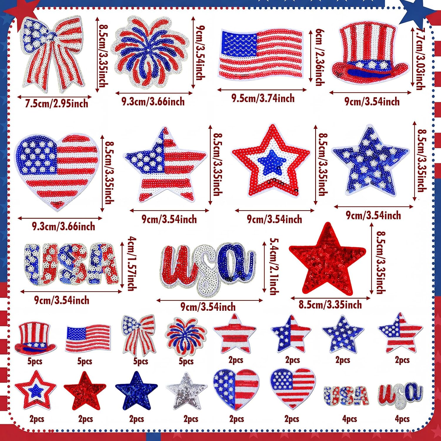 Suncalla 48 Pcs 4th of July Sequin Iron on Patches 250th Anniversary Embroidered Patches Patriotic Glitter Repair Patch USA Flag Stars Appliques Independence Day for Clothe Bag Jacket Adhesive Backing