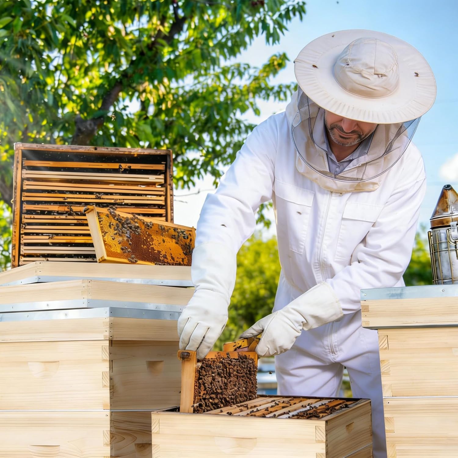 Bee Hive Boxes 10 Frame Langstroth Beehive,Complete Beehive Kit Includes 2 Deep Brood Bee Hives Box, 1 Medium Super Bee Box with Beehive Frames and Foundation