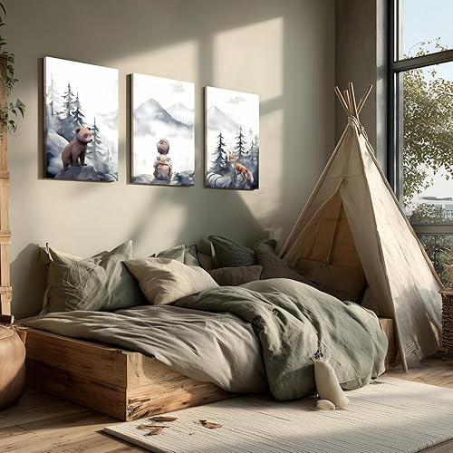 Miniatura 3 de Cyebmo Juego de 3 obras de arte enmarcadas para pared de guardería de niños, decoración de pared de aventura de niño caprichoso, bosque de montaña,
